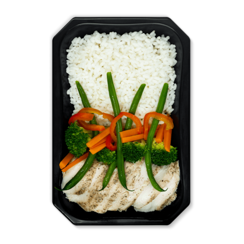 Pollo laminado con arroz y mix de vegetales