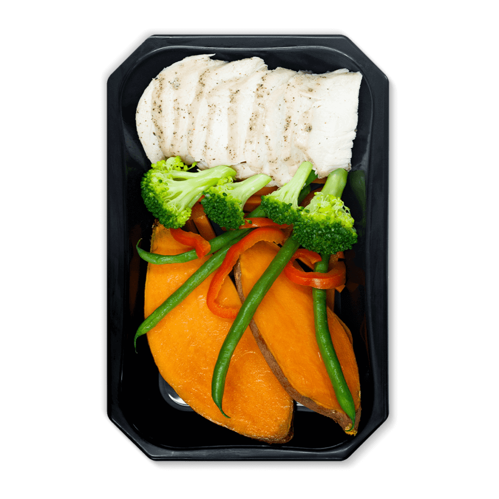 Pollo laminado con boniato y vegetales